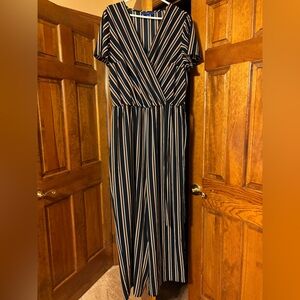 Striped Navy Blue, Brown, and White Jumpsuit
